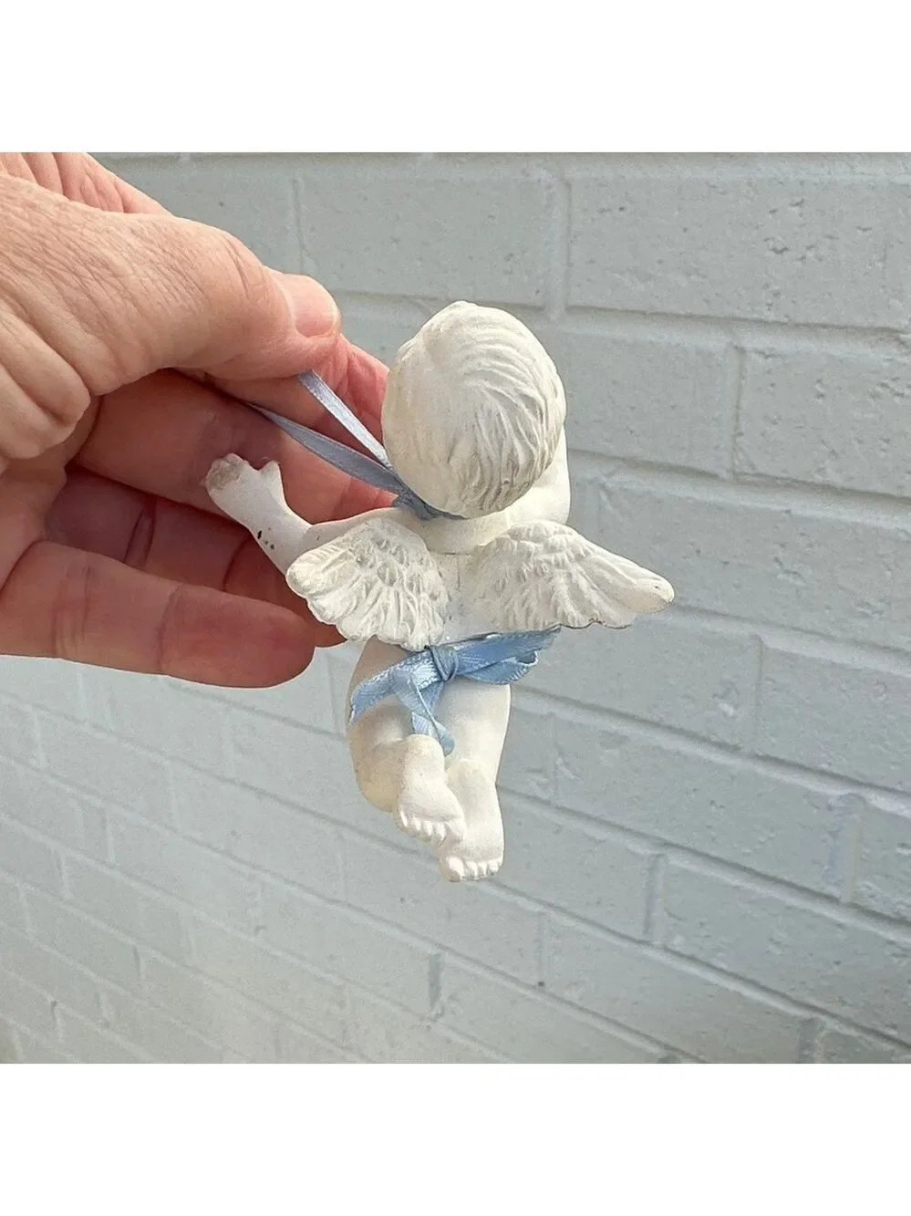 White Cherub Angel Ceramic Ornament W/Blue Ribbon for hanging on Christmas Tree